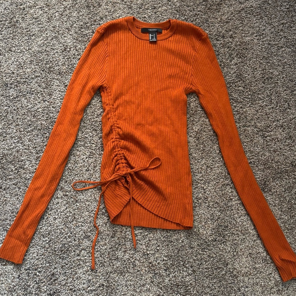 Forever 21 Orange Ribbed Side-Tie Long Sleeve Top with Ruched Detail